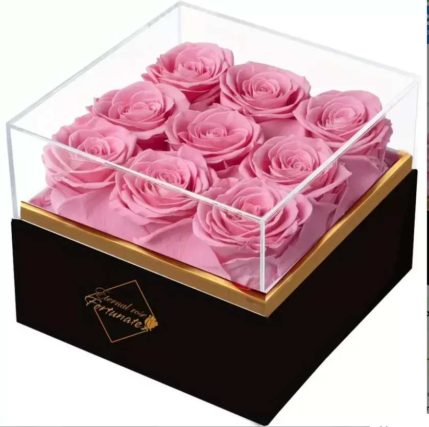 Коробка акриловая  с 9 розовыми стабилизированными розами